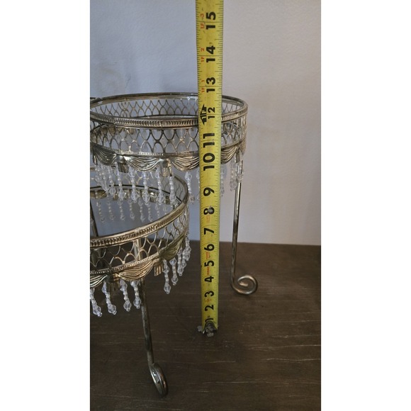 Metal 3 Tier Beaded Plant Stand Mcm Folding Ornate 8" Plant Plate Holder   Boho - Picture 7 of 7